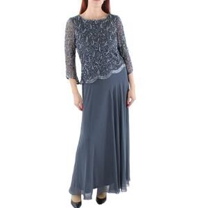 Jkara Women's Gray 3/4 Sleeve Mesh Embellished Evening Maxi Dress Size 12